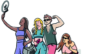 Sportliche Comicfiguren posieren für einen Social Media-Beitrag