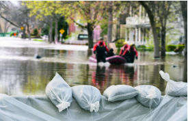 Im Vordergrund sind Sandsäcke und hinten erkennt man ein Schlauchboot mit Menschen, die wahrscheinlich vom Hochwasser gerettet werden.