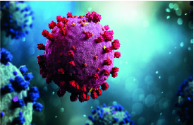 pinkes Coronavirus umgeben von einem blauen Hintergrund